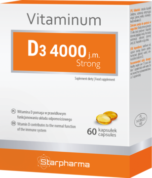 Biało-pomarańczowe opakowanie Vitaminum D3 4000 j.m. Strong Starpharma, z 60 złocistymi kapsułkami. Widok z przodu.
