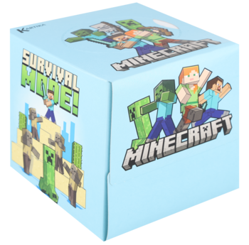 Jasnoniebieskie pudełko Minecraft, z grafiką postaci i napisem 'SURVIVAL MODE!', widok z przodu i z boku.