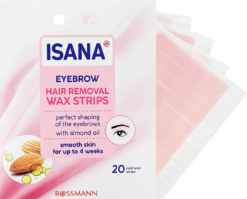 Isana Eyebrow Hair Removal Wax Strips, różowo-białe opakowanie z napisem, migdałami i ikoną oka, widok z przodu.