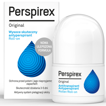 Perspirex Original antyperspirant roll-on, białe opakowanie i butelka z niebieską grafiką, widok z przodu.
