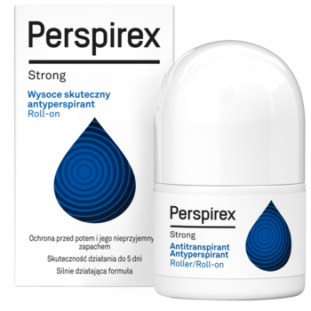 Perspirex Strong antyperspirant roll-on zapewniający 5 dni ochrony, białe opakowanie z kroplą, widok z przodu.