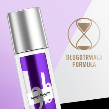 Bruno Banani Magic Woman dezodorant w szklanej butelce z fioletowym akcentem, widok pod kątem na tle z symbolem trwałości.