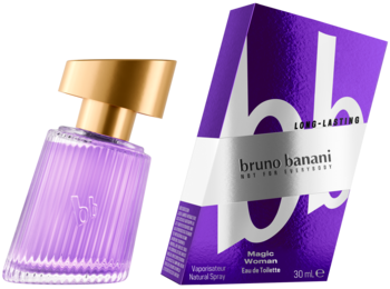 bruno banani Magic Woman woda toaletowa 30ml, kwiatowo-owocowa. Fioletowa butelka i pudełko, oba przechylone.
