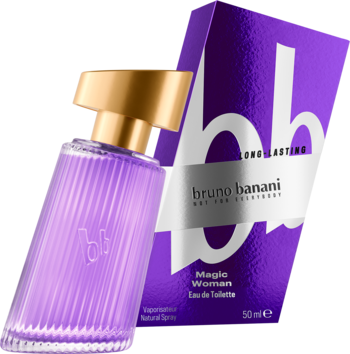Bruno Banani Magic Woman woda toaletowa 50ml, fioletowy żebrowany flakon ze złotą nakrętką obok pudełka.