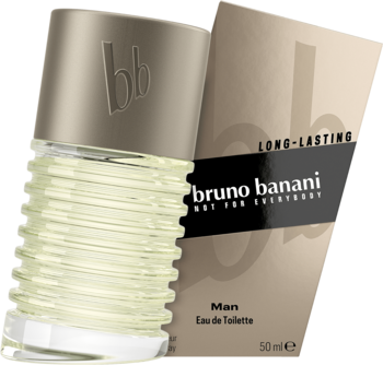 Woda toaletowa Bruno Banani Man 50ml. Ryflowana butelka z logo 'bb' na korku, obok beżowe pudełko.