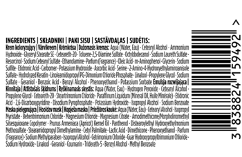 Tył opakowania farby do włosów Schwarzkopf Palette Intensive Color Creme, z listą składników i kodem kreskowym.
