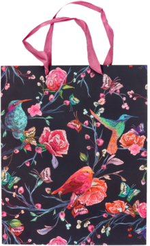 Elegancka torba prezentowa 26x32 cm, czarna, z barwnymi kolibrami, motylami i różowymi kwiatami, uchwyty różowe.