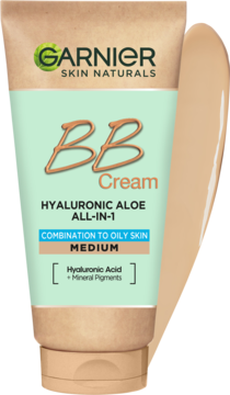Garnier Skin Naturals BB Cream All-in-1 Hyaluronic Aloe, medium shade, beige tube, with swatch.