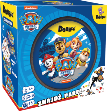 Gra Dobble Paw Patrol w niebieskim pudełku. Widok z przodu, z bohaterami kreskówki i napisem ZNAJDŹ PARĘ!