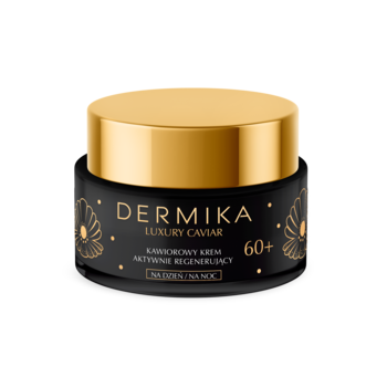 Regenerujący krem Dermika Luxury Caviar 60+ w czarnym słoiczku ze złotą nakrętką, widok z przodu.