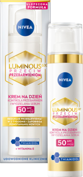 NIVEA Luminous630 Krem na dzień SPF 50 w białej butelce obok pudełka, widok z przodu.