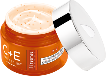 Lirene C+E Vitamin Energy, nawilżający krem w otwartym pomarańczowym słoiku, z widocznymi drobinkami.
