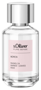 s.Oliver Pure Sense Women, butelka w przezroczystym szkle ze srebrną nakrętką, różowa etykieta, nuty magnolii, róży.