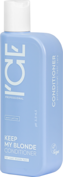 Błękitny conditioner ICE KEEP MY BLONDE, prostokątna butelka z białym wieczkiem, dla chłodnego blondu.