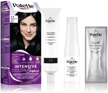 Schwarzkopf Palette Intensive Color Creme 3-0 czarna farba do włosów, fioletowe pudełko, tuba, butelka, saszetka.