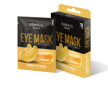 Kimoco Beauty Eye Mask Collagen, czarno-złote opakowania ujędrniających płatków hydrożelowych, widok z przodu.