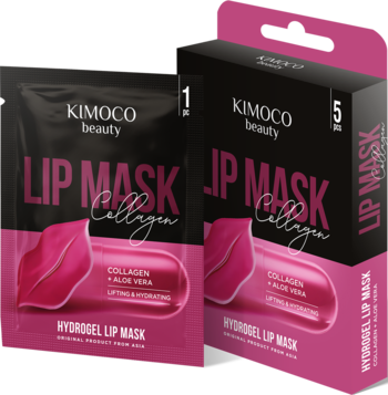 Kimoco Beauty hydrożelowa maska do ust nawilżająca z kolagenem, w czarno-różowej saszetce i pudełku 5 szt.