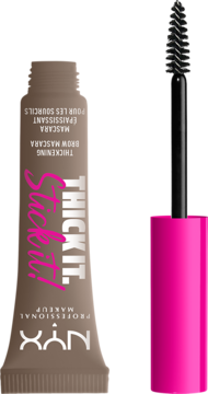 NYX Thick It. Stick It! zagęszczająca maskara do brwi, beżowa tubka z różową szczoteczką.