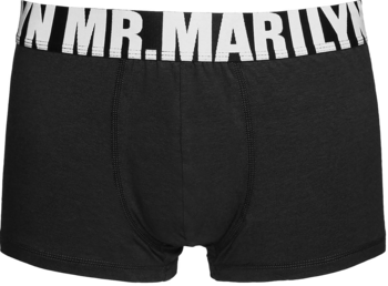 Czarne, dopasowane bokserki męskie z bawełny, z szerokim białym pasem i napisem MR. MARILYN, widok z przodu.