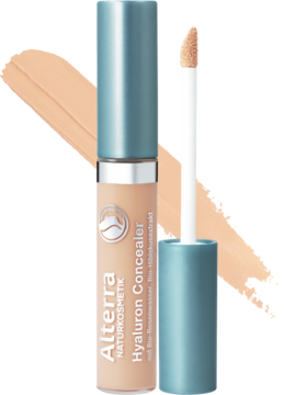 Korektor Alterra Hyaluron Concealer Medium w jasnobeżowej tubce z niebieskim detalem, otwarty, aplikator widoczny.