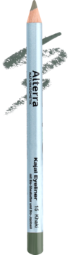 Alterra Kajal Eyeliner 15 Khaki. Pionowa kredka do oczu, jasnoszara z zieloną końcówką, obok ślady testowe koloru khaki.