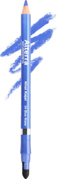 Niebieska kredka do oczu Alterra Khol Kajal 04 Blue Water z gąbeczką, obok widoczny smug. Pionowo.