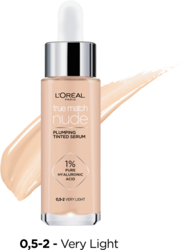 L'Oréal True Match Nude Plumping Tinted Serum z kwasem hialuronowym w szklanej butelce, widok z przodu.