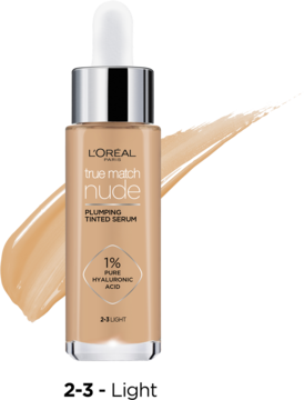 L'Oréal True Match Nude Tinted Serum 2-3 Light z 1% kwasu hialuronowego w butelce z dropperem, widok z przodu.