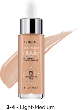 L'Oréal True Match Nude serum 3-4 Light Medium z 1% kwasem hialuronowym w szklanej butelce z zakraplaczem.