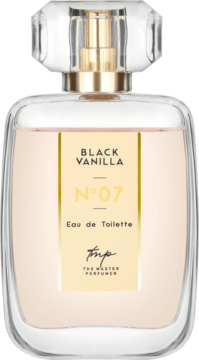 Flakon wody toaletowej Black Vanilla N The Master Perfumer, przezroczyste szkło, złota etykieta, widok z przodu.