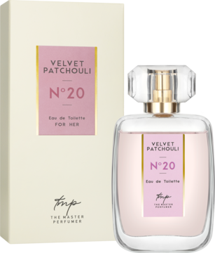 Woda toaletowa Velvet Patchouli N°20, różowy flakon i kremowe pudełko The Master Perfumer, widok przód-bok.