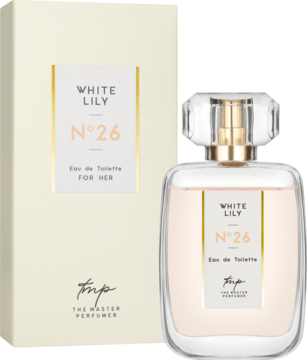 Damska woda toaletowa White Lily N°26 The Master Perfumer. Szklana butelka i kremowe pudełko ze złotymi detalami.