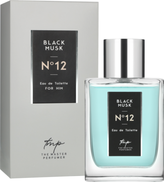 Woda toaletowa Black Musk N°12 dla mężczyzn, szklana butelka z niebieskim płynem i srebrnym korkiem, obok szare pudełko.