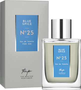 Męska woda toaletowa Blue Spice N°25. Szklany flakon z niebieską etykietą obok szarego pudełka.