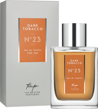 Męska woda toaletowa Dark Tobacco N°23 T.M.P. w szklanej butelce i białym kartoniku z pomarańczową etykietą.