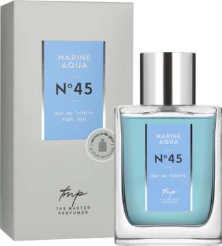 Marine Aqua N°45 męska woda toaletowa The Master Perfumer. Szklana butelka z błękitnym płynem i srebrnym korkiem, ustawiona przed szarym pudełkiem.
