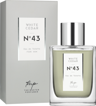 Męska woda toaletowa White Cedar N°43 The Master Perfumer: szklany flakon z zielonym płynem i białe pudełko. Widok z przodu.