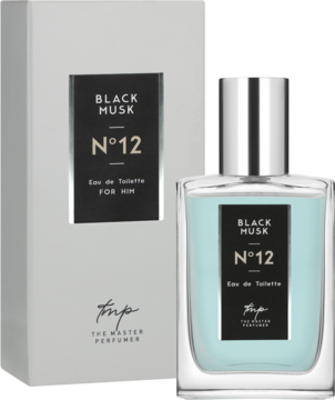 Męska woda toaletowa Black Musk N°12 w przezroczystej butelce z błękitnym płynem i srebrnym korkiem, obok białe opakowanie.