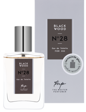 Męska woda toaletowa Black Wood N°28 w przezroczystej butelce obok szarego pudełka z napisem FOR HIM.