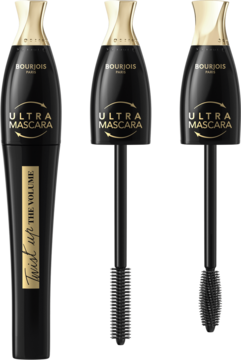Bourjois Twist Up Volume Ultra Mascara: czarna tubka ze złotem, obok widok szczoteczki w dwóch trybach (wydłużanie/pogrubianie).