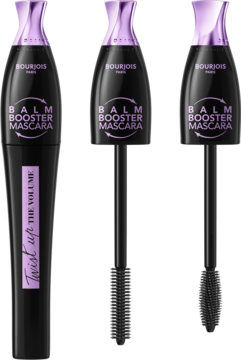 Bourjois Twist Up the Volume Balm Booster Mascara, trzy czarne opakowania, dwa z otwartymi szczoteczkami.