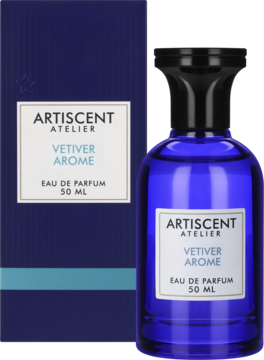 Artiscent Atelier Vetiver Arome 50ml, męska woda perfumowana. Niebieska butelka i pudełko, widok pod kątem na ciemnym tle.