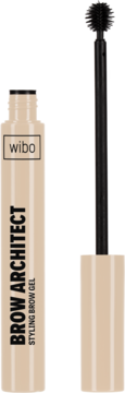 Wibo Brow Architect Styling Brow Gel w beżowej tubce, otwarte opakowanie z czarnym aplikatorem, widok z przodu.