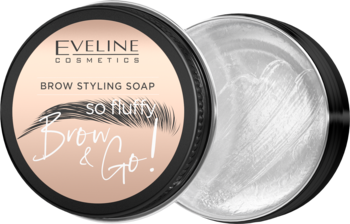 Eveline Cosmetics Brow Styling Soap "Brow & Go!" w okrągłym, czarnym słoiczku, jedno otwarte ukazujące żel.