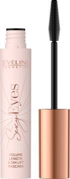 Mascara Eveline Sexy Eyes w różowej tubie, obok czarna dwustronna szczoteczka, widok z przodu.