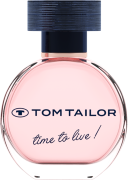 Woda perfumowana Tom Tailor Time to Live w różowej, owalnej butelce z granatowym korkiem, widok z przodu.
