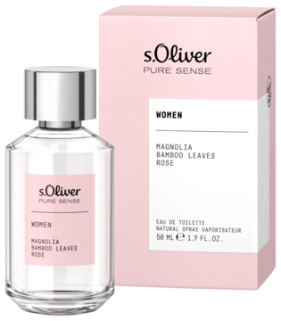 Flakon perfum s.Oliver Pure Sense Women (magnolia, bambus, róża) obok różowego kartonika, widok z przodu.
