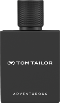 Tom Tailor Adventurous, czarna woda toaletowa dla mężczyzn, prostokątna butelka z teksturowanym korkiem, widok z przodu.