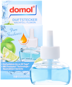 Wkład Domol Pure Freshness do odświeżacza, błękitna butelka i kartonik z limonką, widok z przodu.