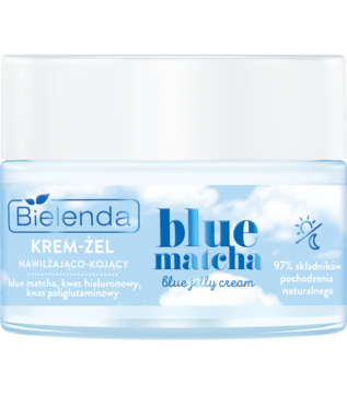 Bielenda Blue Matcha nawilżająco-kojący krem-żel w białym słoiczku z niebieską etykietą, widok z przodu.